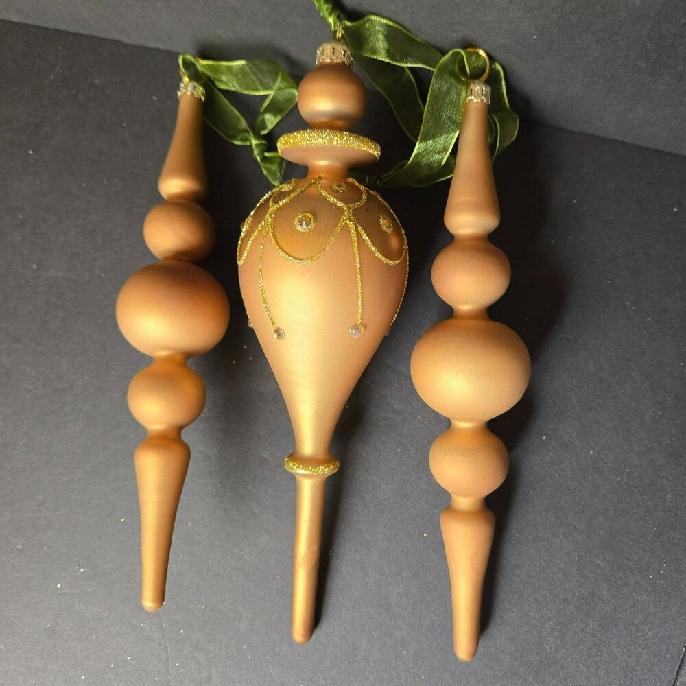 Frontgate Gold Finial Christmas Ornaments Set Of Three Hand Decorated 8 Inch